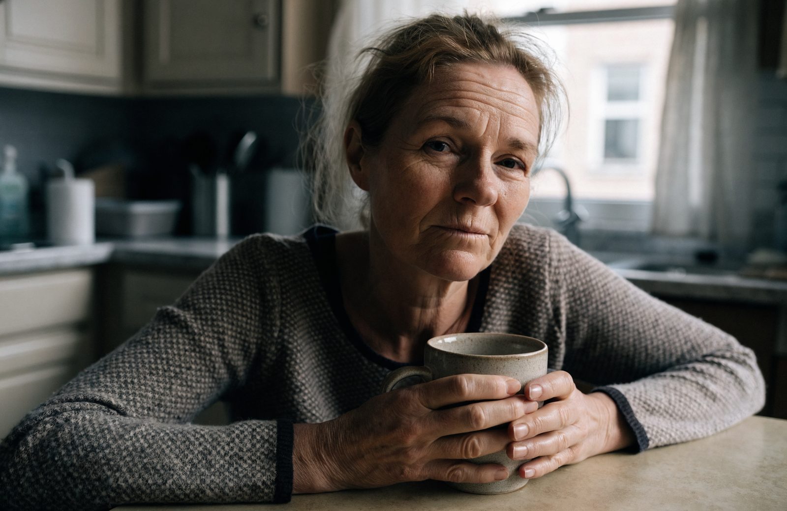 A woman in her 40s sitting at a kitchen table with a coffee mug, deep in thought